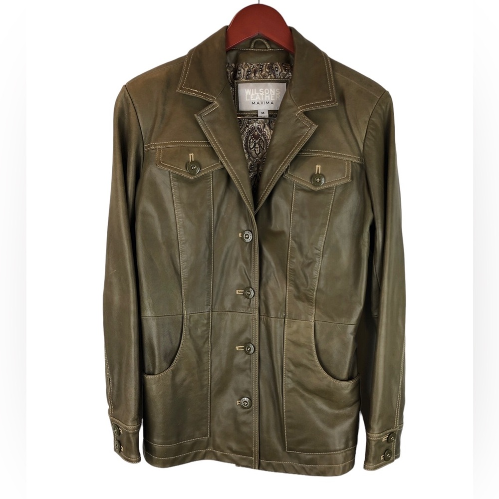 Maxima Genuine Wilsons Leather Jacket Womens Medium Olive Green Button Up Lined
